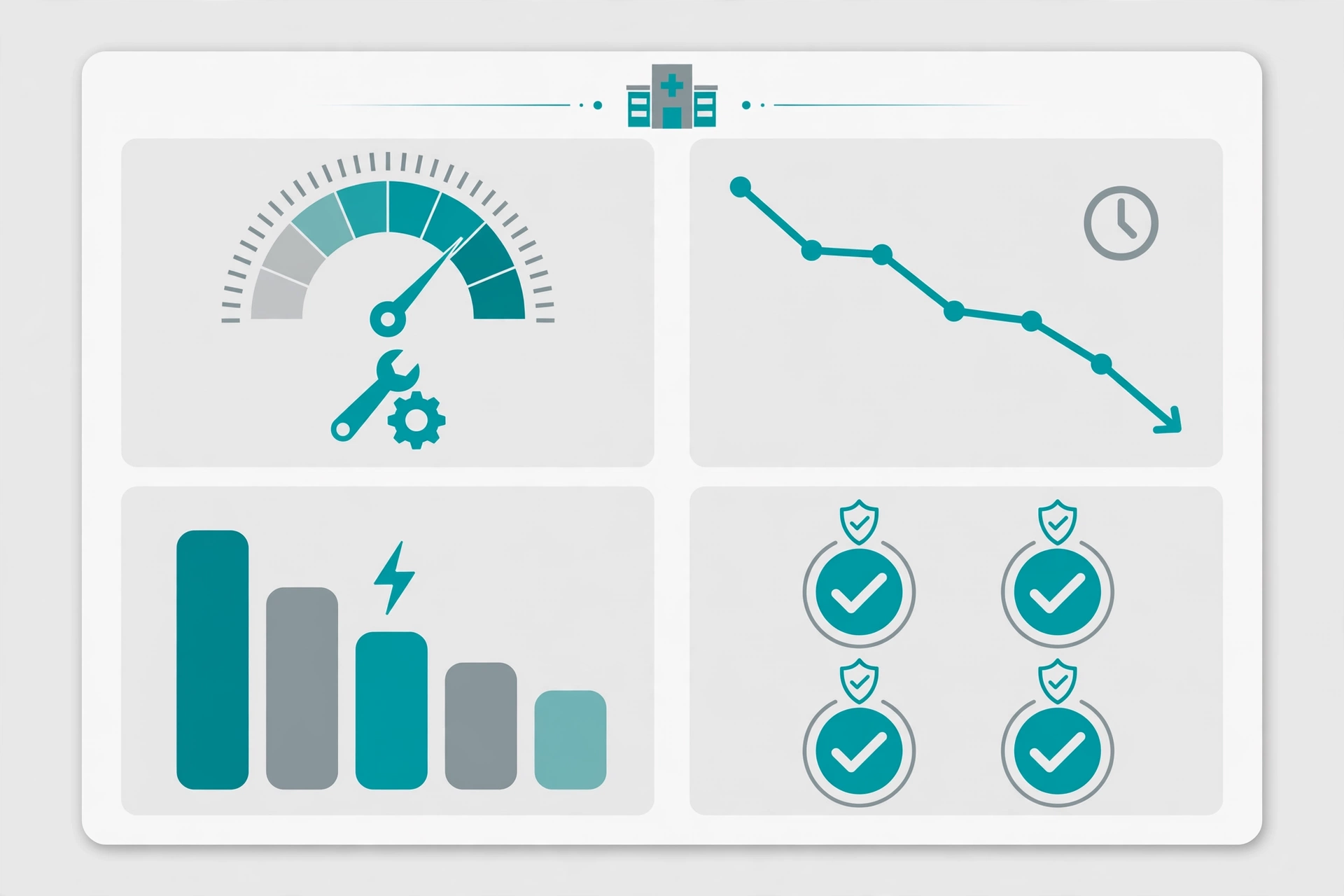 Healthcare facility performance dashboard: PM completion, downtime, and energy metrics