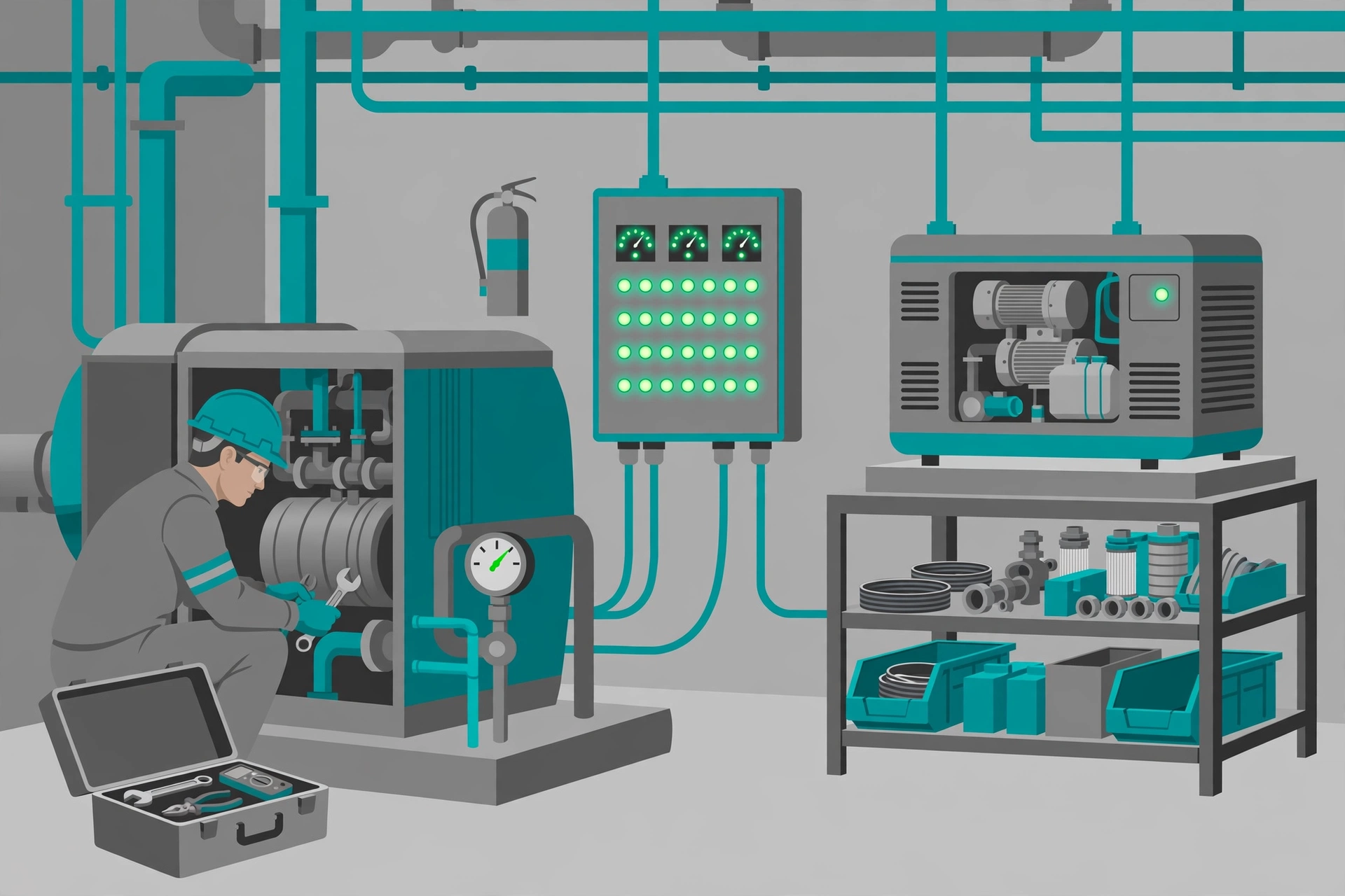 Technician performing preventive maintenance on hospital critical systems