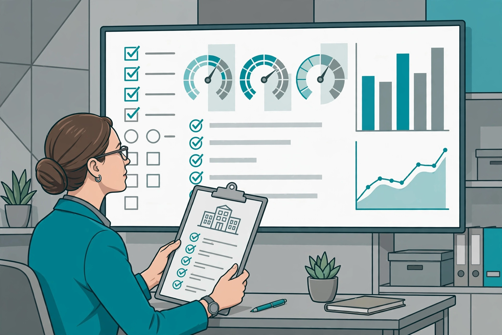 Administrator reviewing a facility operations dashboard with compliance and reliability metrics
